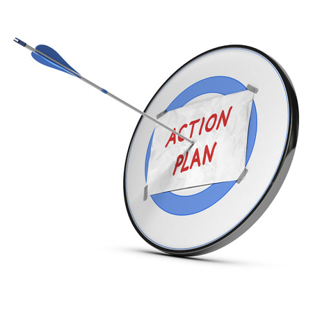 Action plan text handwritten on a sheet of paper fixed onto a blue target  One arrow hits the center of the target  Conceptual image for illustration of set goals and achieved it の写真素材