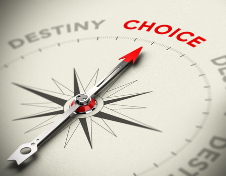 Abstract compass with needle pointing the word choice  Conceptual image, taking control of your life or motivation concept  3D render with focus on the red word の写真素材