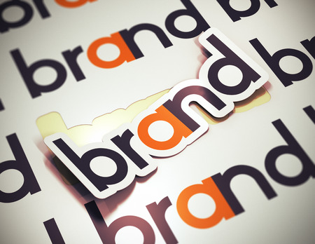 Sticker with the word brand over a beige background  Brand name concept  The image is a 3D rendering with blur effectの写真素材