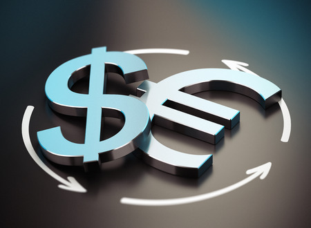 EUR and USD Pair over black background with arrow symbol of exchange の写真素材