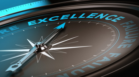Compass with focus on the word excellence. Quality service concept suitable for motivational poster or header of a website. Blue and black tonesの写真素材