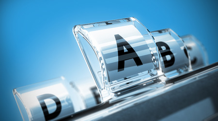 Conceptual 3D render image with focus on the A letter, blur effect. Directory in alphabetical order with blue tonesの写真素材