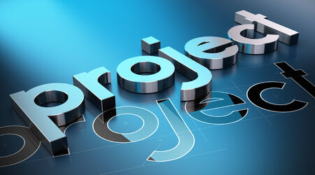 Three dimentional word over a blue drawing  Illustration of project management or engeneering concept の写真素材