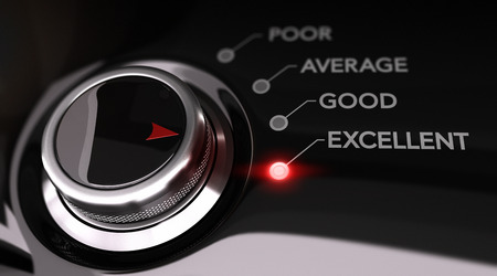 Switch button positioned on the word excellent, black background and red light 