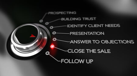 Switch button positioned on the text Close the sale, black background and red light. Conceptual image for illustration of sale process or selling tips.の写真素材