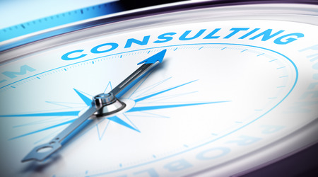 Compass with needle pointing the word consulting, blur effect and blue tones  Concept illustration of consultancy