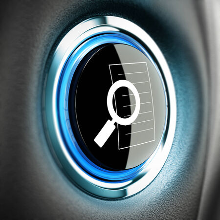 Magnifier icon on a button with blue tones and blur effect, search engine conceptの写真素材