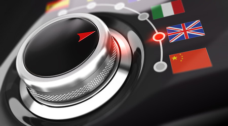 Language selector button with flags. Conceptual 3D render image with depth of field blur effect. Concept suitable for translation or online translatorの写真素材