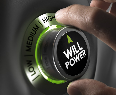 Fingers turning a willpower button and setting it on the highest position, green tones. Illustration...