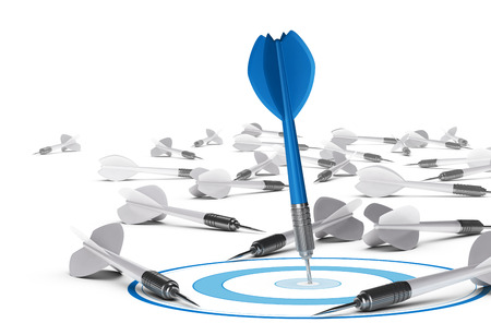 One dart hitting the center of a blue target, many grey darts on the floor symbol of failure  Concept illustration of strategic business or motivation の写真素材