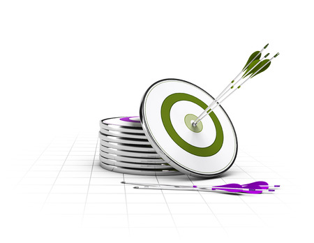 Many targets on the floor and on green target and three arrows in the center, concept of business objectives の写真素材
