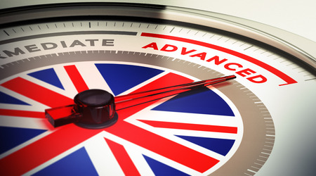 Dial with english flag with needle pointing the word advanced  concept image for illustration of english courses levelsの写真素材
