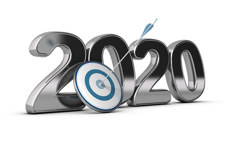 2020 year, two thousand twenty wit on target and one arrow hitting the center  conceptual image over white background for illustration  of long term objectivesの写真素材