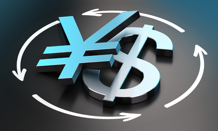 US Dollar and Japanese Yen symbols over black background with circular arrows  conceptual image for illustration of exchange rate between the two currenciesの写真素材