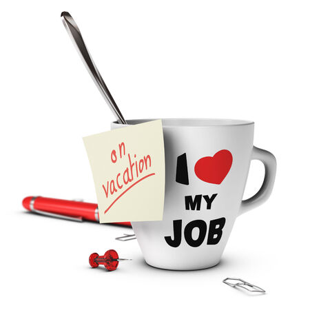 On vacation note glued on a mug  concept image for out of office messageの写真素材