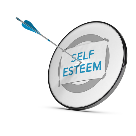 One arrow in the center of a target with a sheet of paper including the text Self Esteem  Conceptual image for illustration of personal qualities development の写真素材