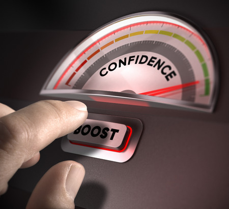 confidence indicator dial, index and boost button over a dark background  Illustration of self-confidence or esteemの写真素材
