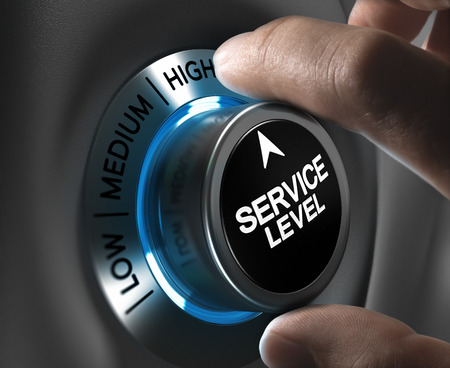 Button service level pointing the high position with blur effect plus blue and grey tones  Conceptual image for illustration of company performance or customer, satisfaction の写真素材