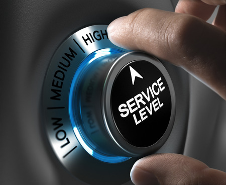 Button service level pointing the high position with blur effect plus blue and grey tones  Conceptual image for illustration of company performance or customer, satisfaction