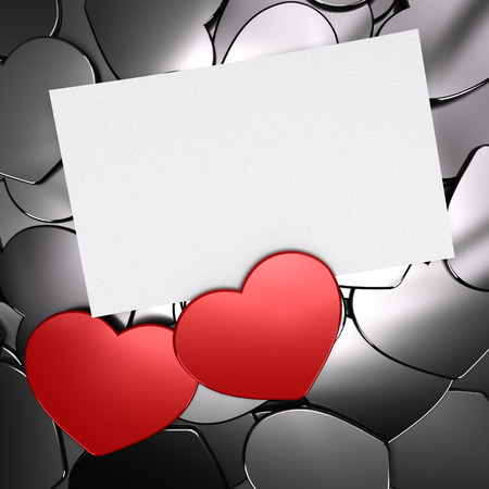 Two red Heart shapes over grey ones. Symbol of love. Passion card with blank space for message. Front view の写真素材