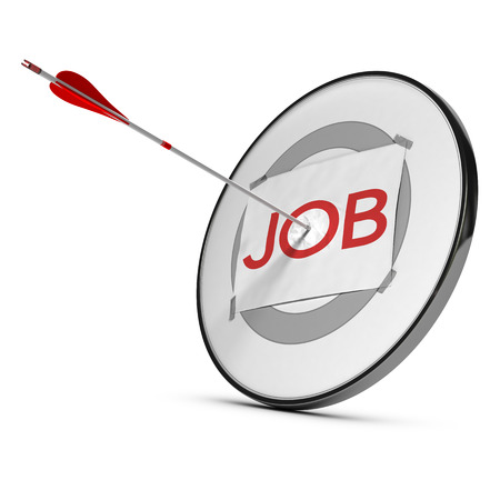 target with the word job and one arrow hitting the center of the o letter, red tones and white background, concept imageの写真素材