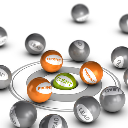 Spheres with text lead, prospect and client. Concept image to illustrate lead conversion.の写真素材