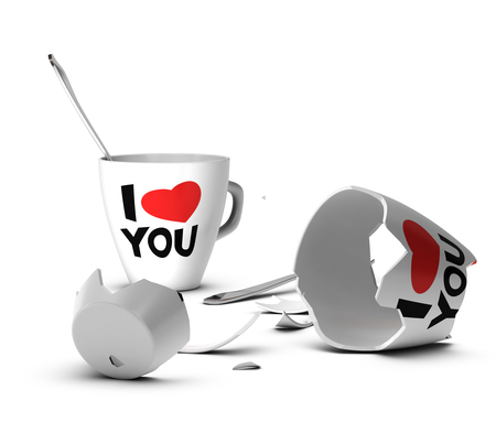 Broken mug with I love you printed on it symbol of domestic violence or end of loveの写真素材
