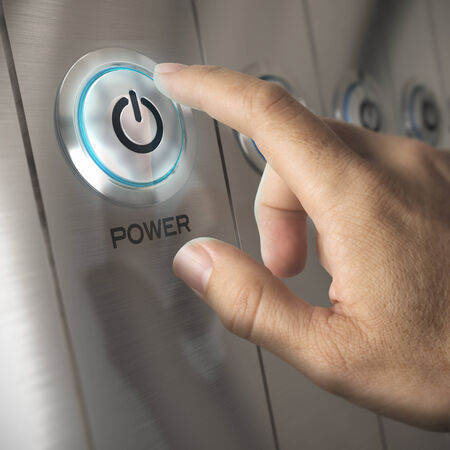 One finger pressing web server button. Concept of networking or network hardwareの写真素材
