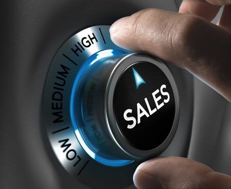 Sales button pointing the highest position with two fingers, blue and grey tones, Conceptual image for sales strategyor performanceの写真素材