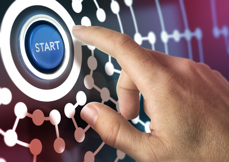 One finger pressing a start button, image concept of global internet business or social network.の写真素材