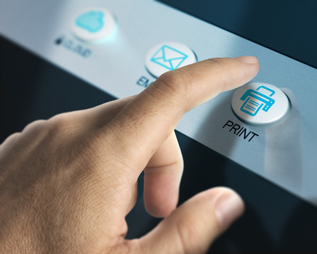 One finger pressing a print button over white background, image concept.の写真素材