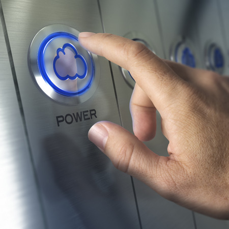 One finger pressing cloud button. Concept of cloud computing or network hardwareの写真素材