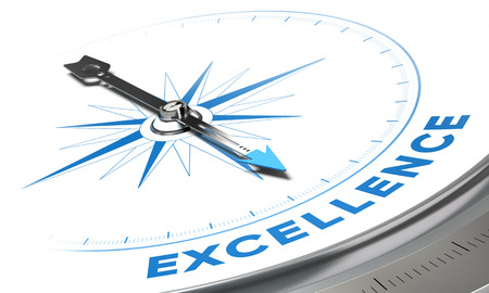 Excellence background concept. Compass needle pointing a blue word, decorative image suitable for left bottom angle of a page.の写真素材
