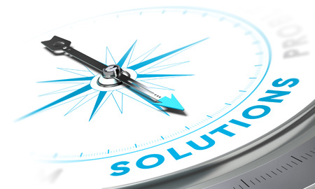 Compass with needle pointing the word solutions, white and blue tones. Background image for illustration of business solution