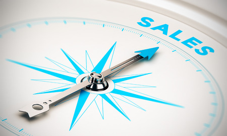 Compass with needle pointing the word sales, white and blue tones. Background image for illustration of sales goalsの写真素材