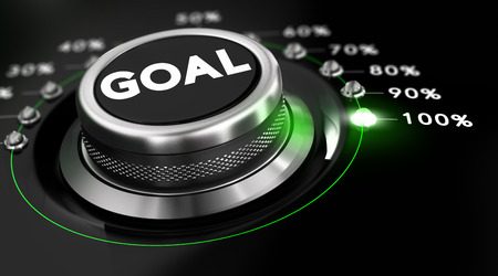 Switch button positioned on the number 100 percent, black background and green light. Conceptual image for illustration of goals achievement.の写真素材