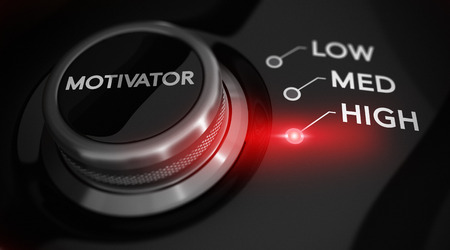 Switch button positioned on the word high, black background and red light. Conceptual image for illustration of motivation level.の写真素材