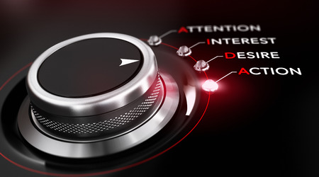 Switch button positioned on the word action, black background and red light. Conceptual image for illustration of Marketing AIDA.の写真素材