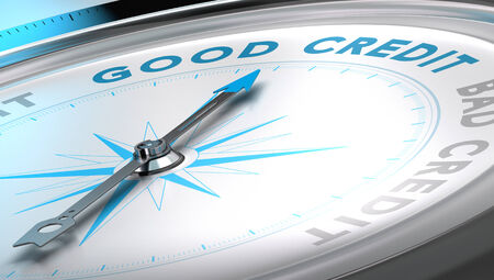 Compass with needle pointing the word good credit, blue and grey tones. Background image for illustration of credit advice.の写真素材