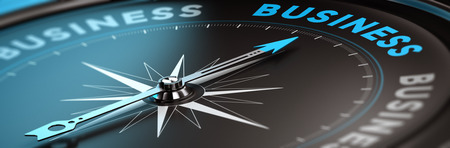 Conceptual compass with needle pointing the word business, black and blue tones. Concept background image for illustration of business consulting.