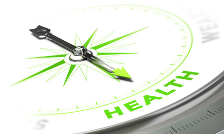 Compass with needle pointing the word health, white and green tones. Background image for illustration of medical conceptの写真素材
