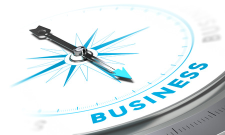 Compass with needle pointing the word business, white and blue tones. Background image for illustration of solutions conceptの写真素材
