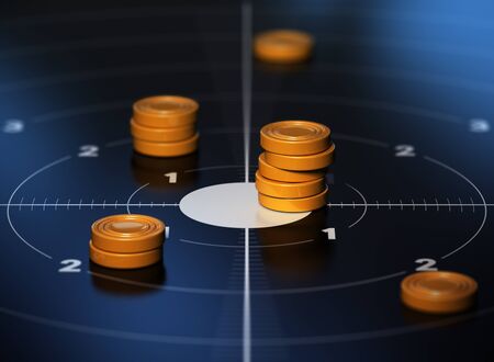 Many tokens in the center of a target with blue background. Conceptual illustration od SMART objective or measurable goal.の写真素材