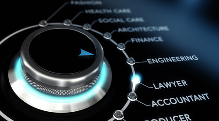Switch button positioned on the word lawyer, black background and blue light. Conceptual image for illustration of career orientation.の写真素材