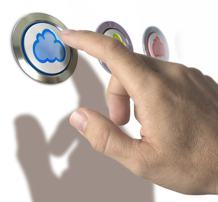 Three clouds buttons over white background with man hand and finger pressing the first one. Conceptual image for cloud computing illustration.の写真素材
