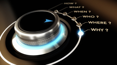Switch button positioned on the word why, black background and blue light. Conceptual image for illustration of decision making process.の写真素材