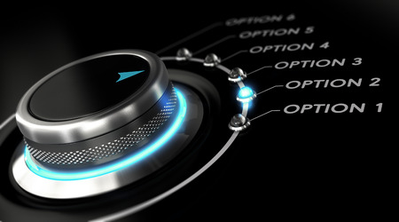 Switch button with blue light, black background. Conceptual image for illustration of business options and decision making.の写真素材