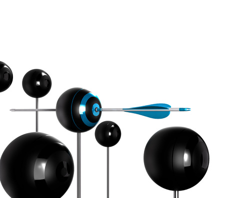 Concept image for illustration of setting goals and achieve them. Sphere targets over white background with one arrow hitting the center of the blue oneの写真素材