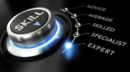 Modern switch with the word skill on the top with the words novice, average, skilled, specialist and expert around it. Black backgorund. Concept of training Modern switch with the word skill on the top with the words novice, average, skilled, specialist and expert around it. Black backgorund. Concept of training