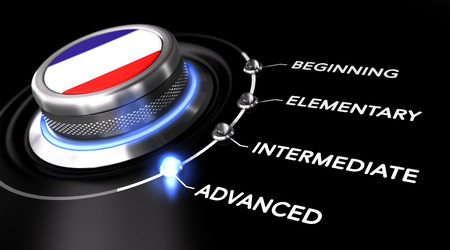 Modern switch pointing the word advanced. Black background. Concept of French courses or language skill levelの写真素材